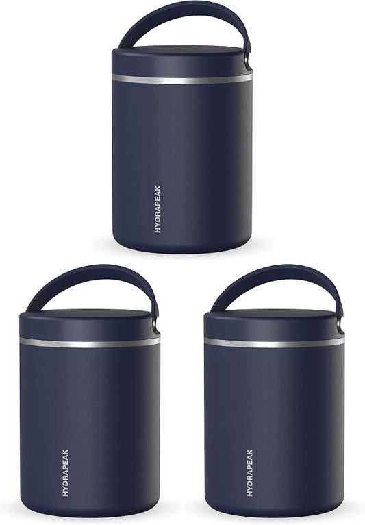 Hydrapeak 32oz Stainless Steel Vacuum Insulated Food Jar for Hot Food and Cold Food, Wide Mouth Leak-Proof Soup Jar for Adults, 10 Hours Hot and 16 Hrs Cold (Navy) (Pack of 3)