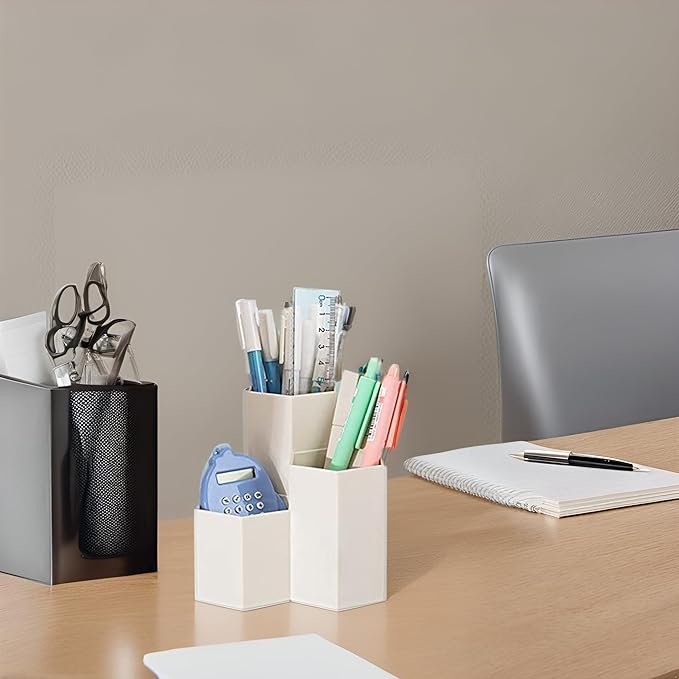 Pen Holder for Desk, White Pens Cup with 3 Compartment Small Desk Organizer Cute Pencil Holder for Office,School and Home (White, Triangular)
