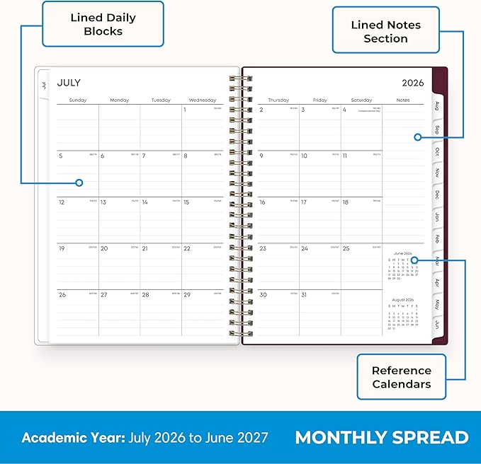 Blue Sky 2026-2027 Weekly and Monthly Academic Year Planner Calendar, July 2026 - June 2027, 5.875" x 8.625", Flexible Pocket Cover, Wirebound, Laminated Tabs, Includes Extra 30 Sheets of Notes, Mayla