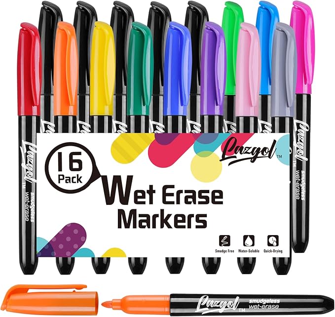 LAZGOL Wet Erase Markers, Bulk Pack of 16 (12 Colors) Fine Tip Overhead Transparency Smudge Free Markers for Dry Erase Whiteboard, Refrigerator Calendars, Glass and Films, Erase with Water