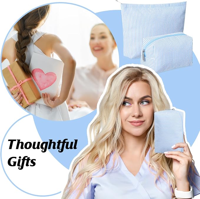 Huhumy 2 Pcs Makeup Bag Set for Women, Blue,Thin Striped Seersucker | Cute Cosmetic Pouch Women Travel Toiletry Bag Preppy Small Makeup Purse Pouch Aesthetic Skincare Brushes Storage Organizer