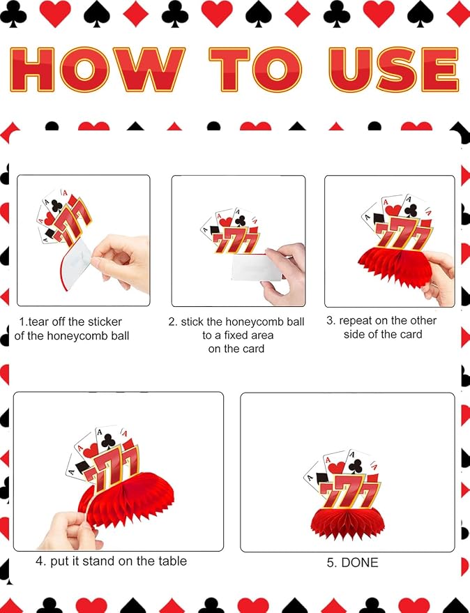 12Pcs Casino Theme Party Decorations, Casino Centerpieces for Tables 3D Red Black Honeycomb Centerpieces Topper Poker for Las Vegas Themed Birthday Game Night Casino Poker Party Supplies