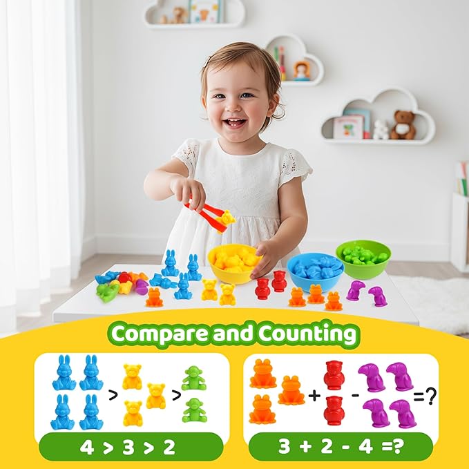 Counting Animals Color Sorting Matching Games with Sorting Bowls Montessori Sensory Early Educational Toys Learning Fine Motor Skill & Counting Math Toys Gift for 3 4 5 Year Old Boys Girls