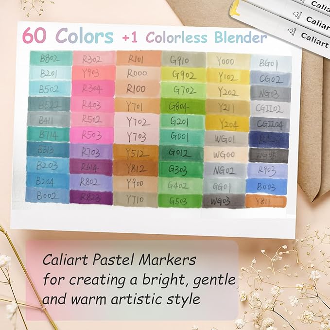 Caliart Pastel Alcohol Markers Brush Tip 61 Colors, Dual Tip Chisel & Brush Set Permanent Art Markers with Case for Artists Adult Coloring Books Illustration Drawing Supplies Gifts, Colorless Blender