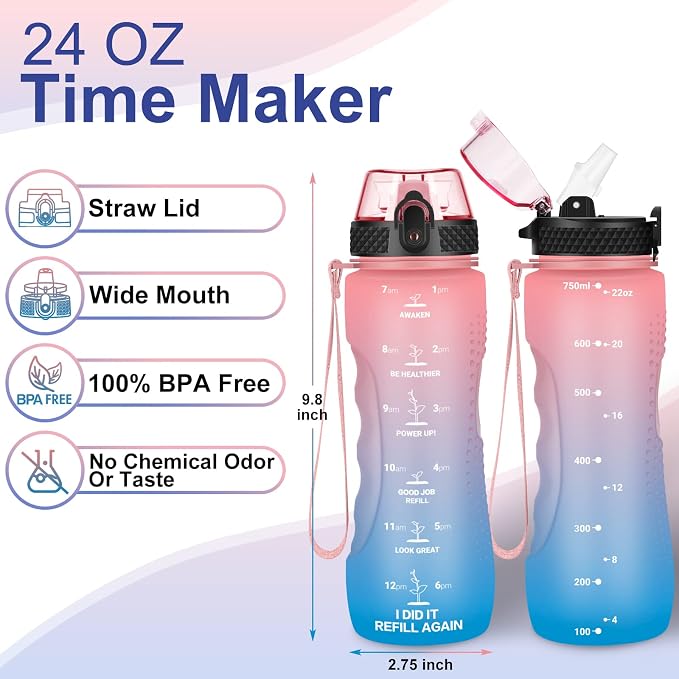 24 OZ Motivational Kids Water Bottle With Time Marker,Straw Lid,Leak Proof, Tritan BPA Free Sports Water Bottle Pink-Blue(1 Lid)