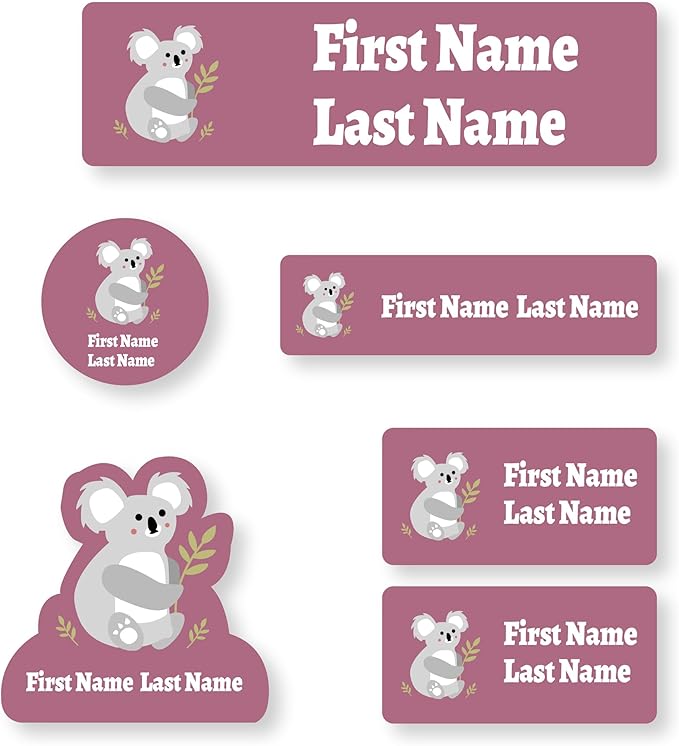 Personalized Kids Name Labels – Waterproof Custom Stickers for Daycare & School, Dishwasher & Laundry Safe (Koala - Red)