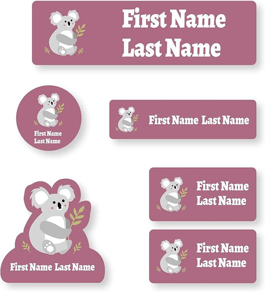 Personalized Kids Name Labels – Waterproof Custom Stickers for Daycare & School, Dishwasher & Laundry Safe (Koala - Red)
