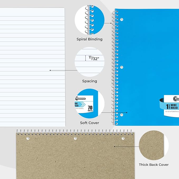 Rosmonde 720 Packs (Pallet) 1 Subject Notebooks, Spiral Notebook Bulk, Wide Ruled, Pallet of Notebooks, 70 Sheets (140 pages), 8 x 10-1/2", Bulk Spiral Notebooks for School & Office, 4-7 Days Transit