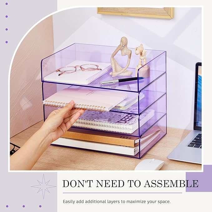 Harloon 4 Tier Clear Purple Acrylic Paper Organizer Letter Tray, Aesthetic Stackable Desk File Organizer Paper Holder Office Tray for A4, Modern Classroom Home Office File Pad Books Notes