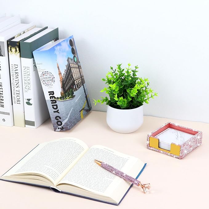 Buqoo Pink Sticky Note Holder, Bling Crystal Rhinestone Self Stick Note Pad Holder Dispenser for School Home Office Desk Accessories Supplies