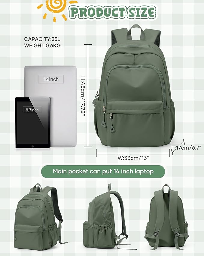 winspansy Backpack for School Teenage Girls Boys,Waterproof Lightweight School Bags Travel Daypack Simple Cute College Backpack Rucksack for Women Men fit 14 Inch Laptop,Army Green