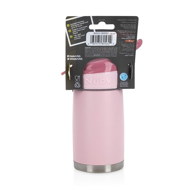 Nuby Thirsty Kids No Spill Flip-It Reflex Stainless Steel Travel Cup or Water Bottle - 10 Oz - 18+ Months - Pink - Back to School Essentials,(Pack of 12)