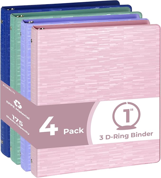 POPRUN 3 Ring Binder 1 Inch, PVC-Free, Holds 175 Sheets of 8.5 x 11 Paper, Extra Durable Organizer with 2 Pockets for School & Office, Heavy-Duty, 4 Pack, Multicolor