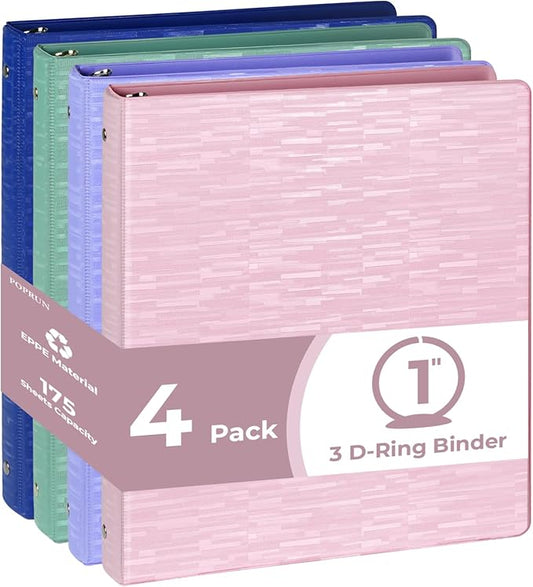 POPRUN 3 Ring Binder 1 Inch, PVC-Free, Holds 175 Sheets of 8.5 x 11 Paper, Extra Durable Organizer with 2 Pockets for School & Office, Heavy-Duty, 4 Pack, Multicolor