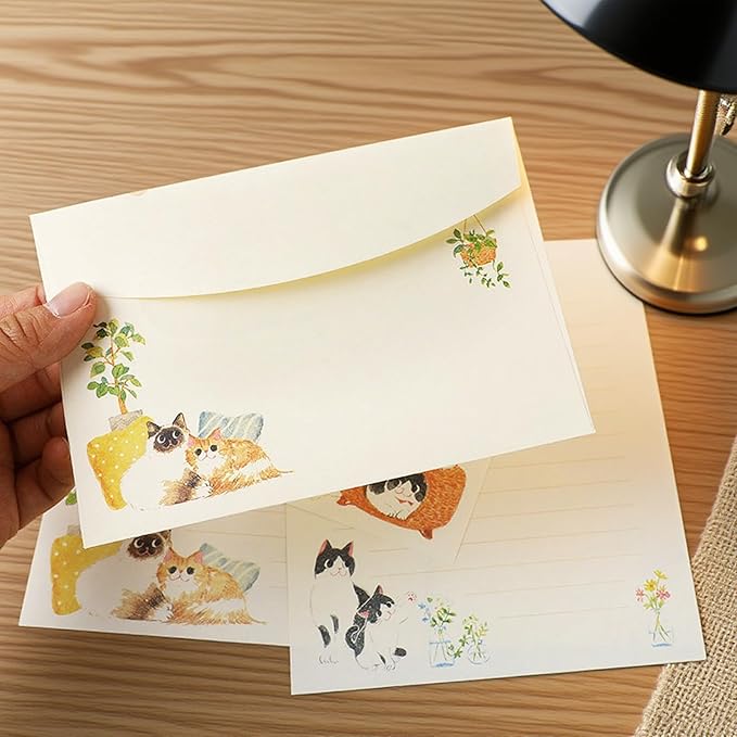 37 Pcs Stationery Paper Envelopes Set Includes 24 Lined Writing Paper & 12 Envelopes with 48 Colorful Round Dot Stickers, Cute Cat Letter Writing Stationery Paper Envelopes Gift (4Style)