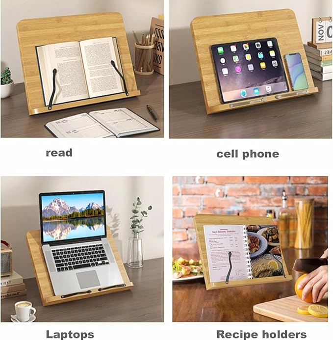 Wood Book Stand for Reading Hands Free, 8 Adjustable Recipe Cookbook Holder with Page Holder Clips Ergonomic Stand for Cookbooks, Receipe Books, Textbooks, Tablets, Music Books, Documents.