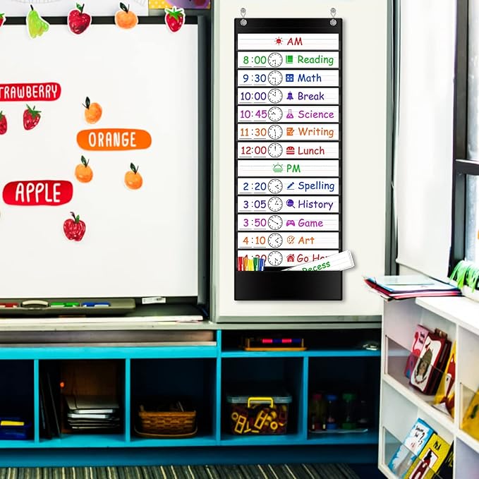 Daily Schedule Pocket Chart, 13+1 Pockets Visual Schedule for Kids, Daily Schedule for Kids, Pocket Chart for Classroom, School, Office or Home, Includes 18 Reusable Dry Eraser Cards and 2 Hooks (BLACK)