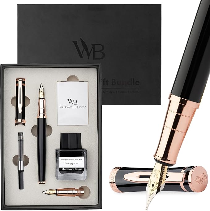 Wordsworth & Black Fountain Pen Set, 18K Gilded Medium and Extra Fine Nib, 25ML Black Bottle, 6 Ink Cartridges, Refill Converter, Smooth Writing Pens [Black Rose Gold], Gift Set for Men and Women