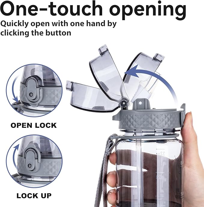 GOPPUS Water Bottles Clear Water Bottle with Straw 32oz Plastic Water Bottles BPA Free Tritan Wide Mouth Bottle Leakproof Motivational bottles water for Gym,Hiking,School or Office(1 Bottles)