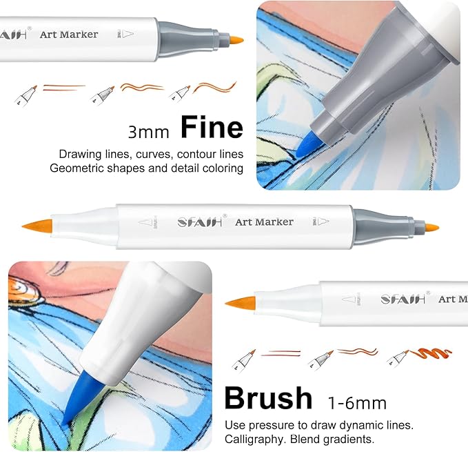 SFAIH Alcohol Markers Brush & Fine - 101 Pastel Dual Tip Art Markers for Adult Coloring Illustration, Gift for Artist, Refillable Ink, Colorless Blender, Adjustable Shoulder Strap & Leather Lining