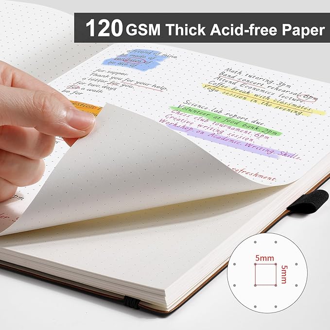 AHGXG Dotted Journal - Dot Grid Notebook Journal, 120 GSM Thick Acid-Free Paper, Large B5 Dotted Notebook 96 Pages, Leather Softcover, Inner Pocket, Journal Stencil, 7.6'' X 10'', Black