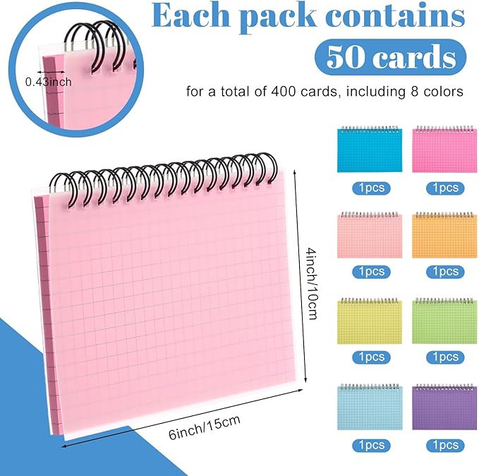 Yahenda 400 Pcs Spiral Index Cards 4x6 Inches Flash Cards with Rings Grid-lined Notecards Index Note Books with Waterproof Cover for Studying Back to School Office Supplies Taking to Do List(8 Color)