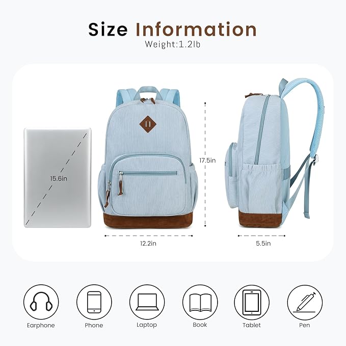 mygreen Corduroy School Backpack for Teens Girls & Boys, Vintage Lightweight Laptop Bag with Padded Sleeve, Large Capacity Water-Resistant Bookbag for College, High School, and Daily Use Purple