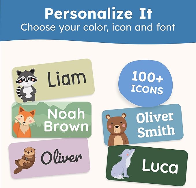 Personalized Name Labels for Kids (210 Labels) - Durable & Waterproof Custom Name Stickers for Clothing Tags, School Supplies, Camp & Daycare - Animal Forest (1.2”x0.5”)