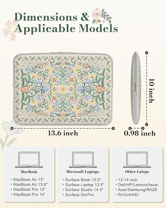 iCasso Laptop Sleeve 13 inch for MacBook Air 13-13.6 inch, Vintage MacBook Neo/Pro 13 inch case, Slim Protective Travel Carrying Case for MacBook Pro 14 inch, Chromebook, HP, Green Boho Floral