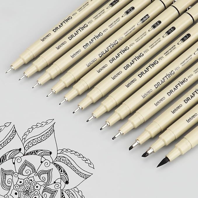 12-Piece Fineliner Pen, Assorted Point Sizes 0.05 to 3mm & Brush Pens, for Art, Writing & Bullet Journaling (12 Point Sizes)
