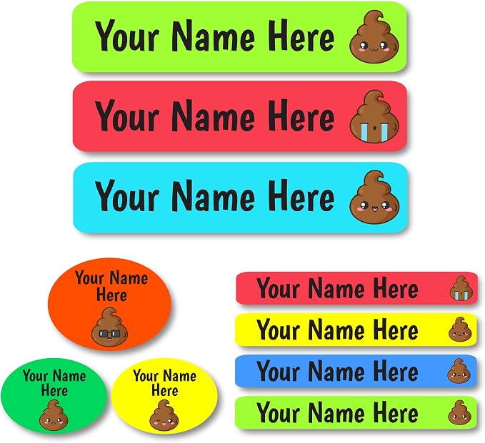 Lovable Labels Personalized Labels for Kids (85 Labels/Pack) - 3 Label Sizes Waterproof Dishwasher Safe Peel & Stick Labels for School Supplies Daycare Camp Clothing Bottles (Poop Happens)