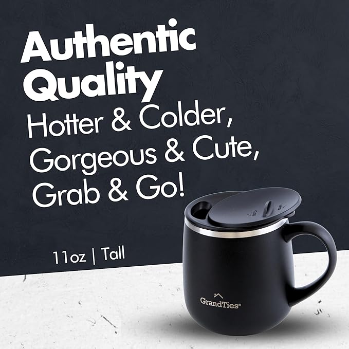 GRANDTIES 11oz Insulated Coffee Mug with Sliding Lid, Wine-Glass Shape Thermal Tumbler with Double Walled Vacuum Stainless Steel to Keeps Beverages Hot or Cold (Midnight Black)