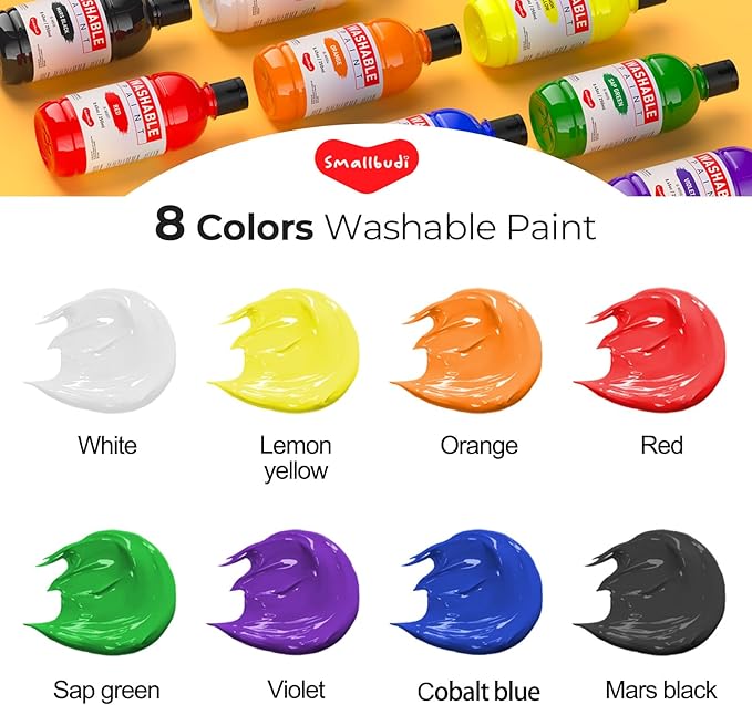 Smallbudi 8 Colors Large Washable Paint Set for Kid (8.45oz,250 ml), Bulk Paint Supplies Non Toxic Children Tempera Paint for Art, Craft, DIY, Poster & Finger Paint, Face, School Home Classroom Party