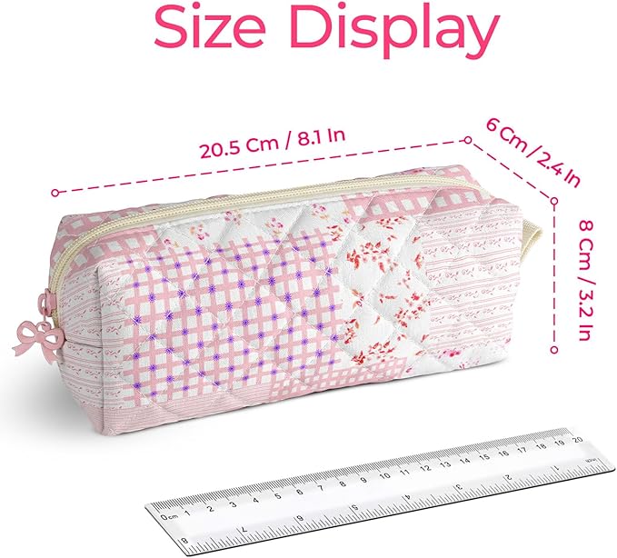 Cute Quilted Pencil Case for Girls Women, Aesthetic Small Floral Pencil Pouch,Slim Soft Pencil Bag for School Supplies Makeup Pouch for School & Daily Use (Pink Patchwork)