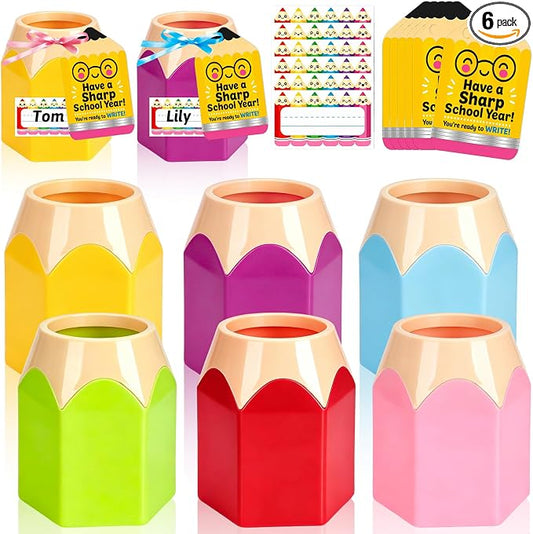 6 Pack Colorful Back to School Pencil Holders for Teacher Classroom Decor | Colorful Back to School Pencil Holders with Name Stickers, Perfect for Teacher Classroom Decor and Desk Organization