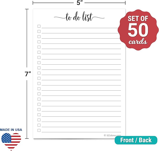 321Done To-Do List Cards, 5x7 Index Cards with Checkboxes, Double-Sided Checklist Note Card, Pack of 50, Daily Task List, Extra Large College-Ruled, Made in USA
