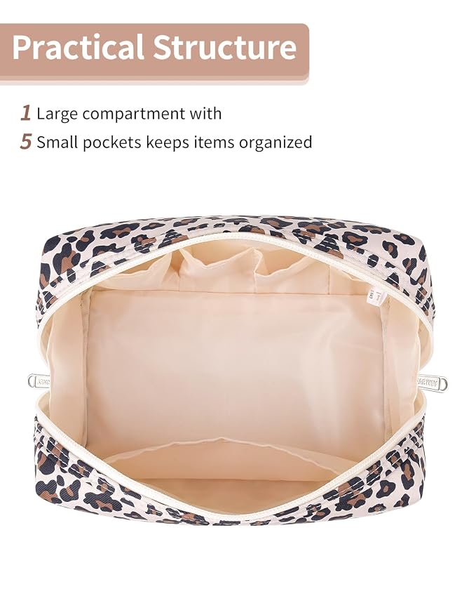 Narwey Cute Cheetah Makeup Bag Travel Cosmetic Bag Organizer Toiletry Bag Make Up Bags with Compartments for Women Girls (Large, Beige Leopard)