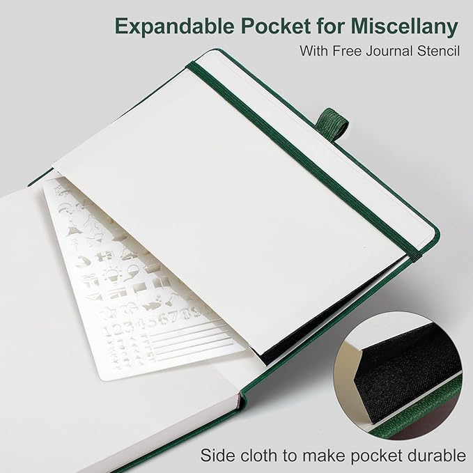 AHGXG Dotted Journal - Dot Grid Notebook Journal, 120 GSM Thick Acid-Free Paper, A5 Dotted Notebook 160 Pages, Leather Hardcover, Inner Pocket, Journal Stencil, 5.7'' × 8.3'', Dark Green
