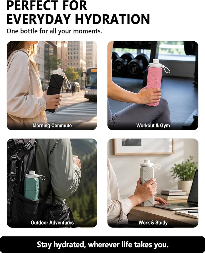 BEAUTAIL Collapsible Water Bottles 21oz/610mL, Silicone Travel Water Bottle | BPA Free, Leakproof & Reusable, Foldable Water Bottle for Traveling, Hiking, School, Sports, Outdoor, 2-Pack, Black+DarkBlue