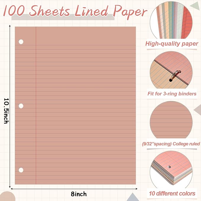 gisgfim 100 Sheets Loose Leaf Binder Paper, 8" x 10.5" Colored College Ruled Paper, 3 Hole Punched Lined Refill Inserts Thicken for 3-Ring Binders Notebooks Planner Writing School Office (Vintage)