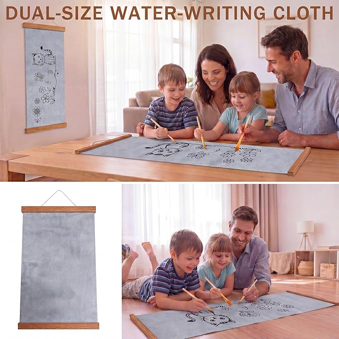 2-Piece Reusable Water Drawing Poster Set with Teak Wood Frame, Mess-Free Water Doodle Mat, Large Water Painting Cloths, Creative Art Activity Kit for Home Use