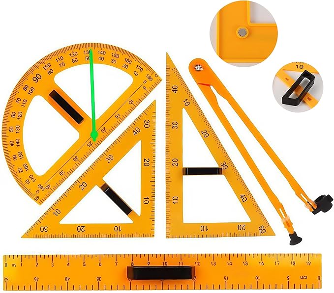 Magnetic Geometry Math Ruler Set for Classroom, Large Protractor, Triangle & Measuring Rulers, Magnetic Blackboard Tools for Teachers & Students Enhances Math Learning, 5pc