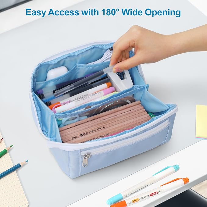 Large Capacity Pencil Case - Pencil Pouch for Teen Girls & Boys, Aesthetic Pouch Organizer with 8 Compartments, Wide Opening Marker Bag for Middle High School College, Fits Calculator, Blue