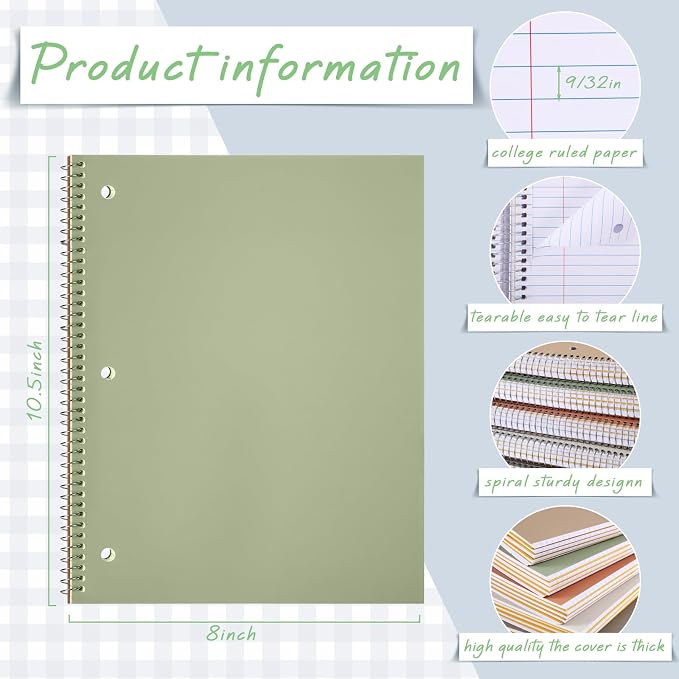 Qilery 6 Pack 5 Subject Notebook College Ruled with Hardcover 200 Sheets Thick Pages 8 x 10.5 Inch Spiral Journal Thick Notebook 3 Hole Assorted Colors Easy Tear Line Office (Vintage Colors)