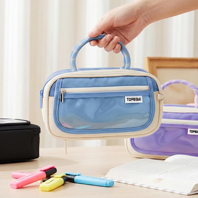 TOPBIDAI Large Pencil Case Pouch School Supplies for Girls Boy Women Men | Big Pencil Bag with 5 Compartments, Easy Grip Handle, Office College School Pencil Box