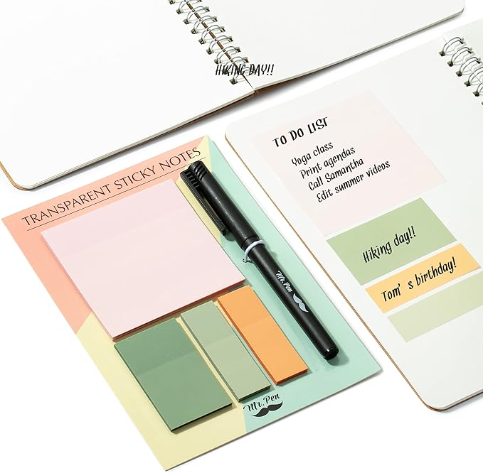 Mr. Pen- Transparent Sticky Notes Set, 200 Sheets, Transparent Sticky Notes and Planner Tabs with Black Fineliner Pen for Bible Study, Office, School, Planning, Journaling & Organization