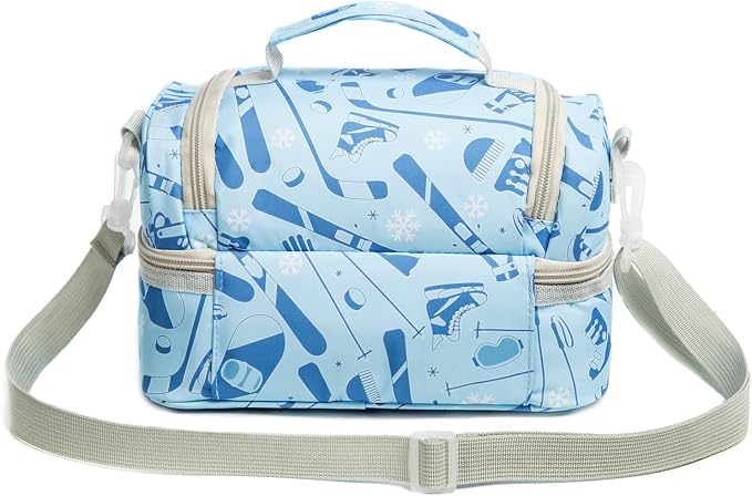 Insulated Kids Double Decker Lunch Bag Tote Pack for Girls Boys Toddler School Picnic Food Cooler Hot Water Ice with Strap (Winter Sports)