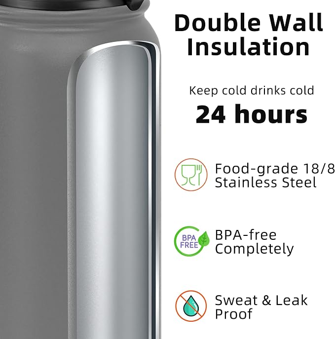 Fanhaw 32 Oz Kids Insulated Stainless Steel Water Bottle with Straw Lid, Leakproof & Anti-Dust Everyday Use Bottle for School, Women & Men, Back to School Essentials (Gray)