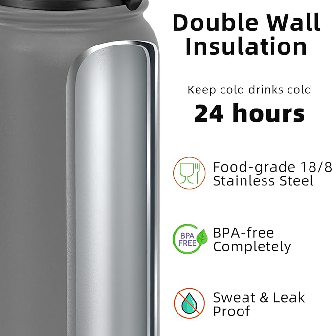 Fanhaw 20 Oz Kids Insulated Stainless Steel Water Bottle with Straw Lid, Leakproof & Anti-Dust Everyday Use Bottle for School, Women & Men, Back to School Essentials (Gray)