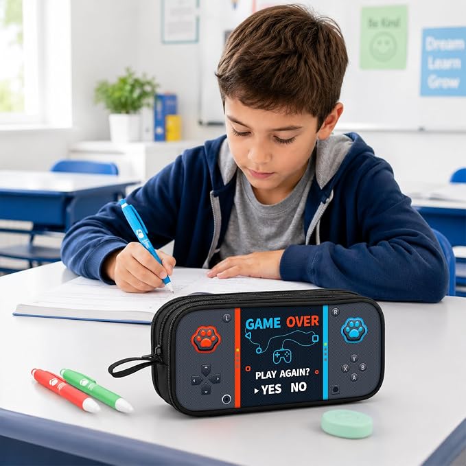 Game Controller Pencil Case for Boys Kids Teens, Large Capacity Pencil Pouch with 3 Compartments, 7 Pockets and Label Pocket for School College Office Travel (Gray)